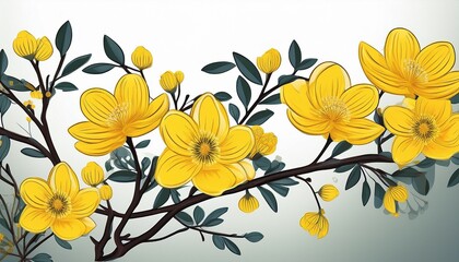 yellow flowers on branch with white background