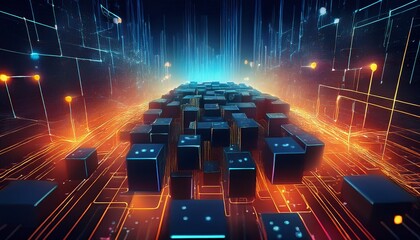 blockchain visualization interconnected glowing blocks cyber aesthetic