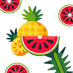 Summer Fruits Pattern-Pineapple Watermelon Orange-Tropical Fruit Design-Fresh Fruit Illustration-Colorful Fruit Background