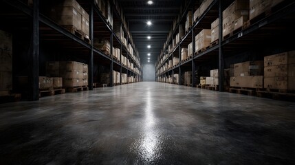 Obraz premium Vast dimly lit warehouse with high shelving units and stacked boxes
