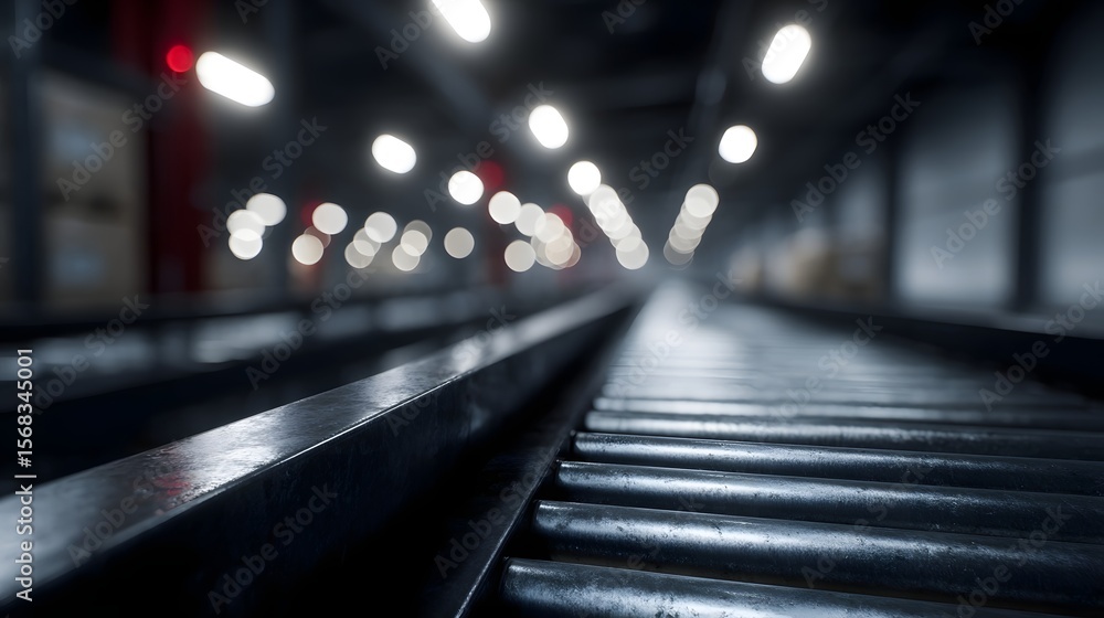 Poster modern automated warehouse with sleek conveyor belts and dynamic lighting