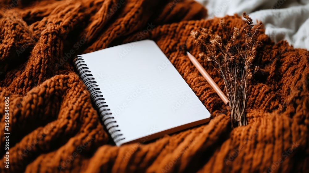Poster notebook is open on a blanket with a pencil and some dried flowers. the notebook is blank, and the p