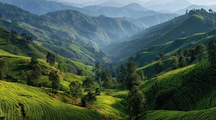 Fototapeta premium Lush Green Mountain Landscape with Rolling Hills and Forested Valleys