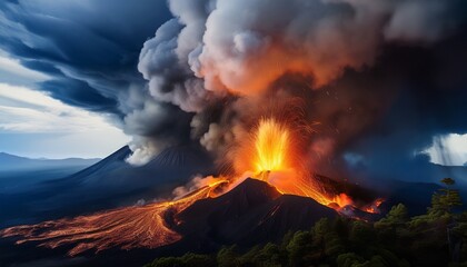 volcanic eruption dark clouds on background