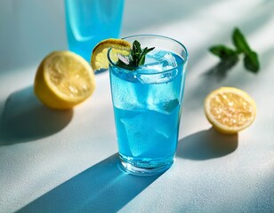 light blue summer drink on a light background with sunlight and shadows
