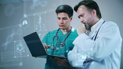 Two doctors discuss patient care using a laptop and advanced AI systems, analyzing medical data for accurate diagnosis and treatment planning. - Powered by Adobe