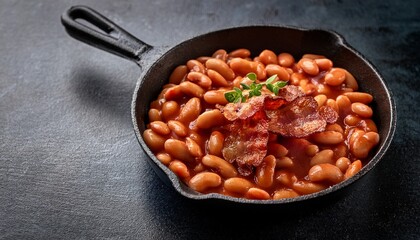 frying pan with beans and bacon baked bean month