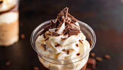 creamy vanilla ice cream topped with whipped cream chocolate sauce and chocolate shavings in a clear plastic cup
