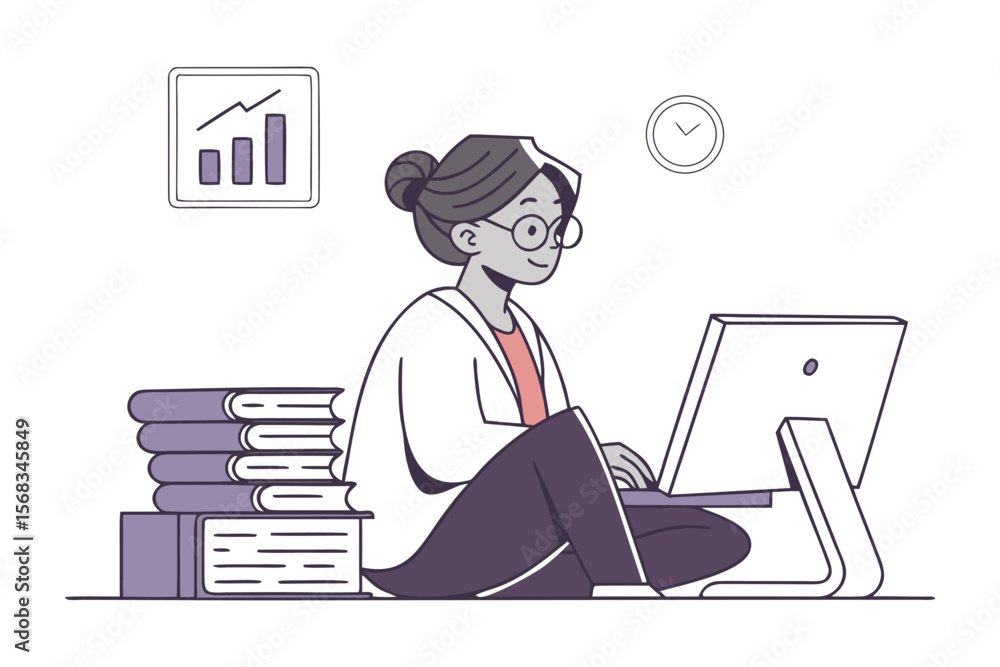 Poster focused workflow: an illustrated scene of a woman engaged in work. she is attentively using her comp