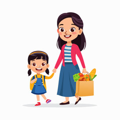 A child walks proudly with a grocery bag beside a smiling mother, reflecting responsibility, independence, and warm family interaction during a shared daily task
