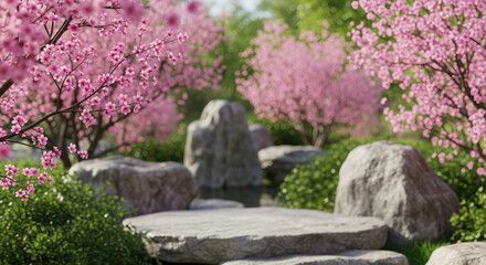 Tranquil Japanese Garden with Blooming Cherry Blossoms and Zen Stones