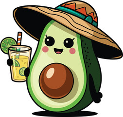 Funny cartoon avocado vector wearing hat and holding drink with smile for summer food and fun design  

