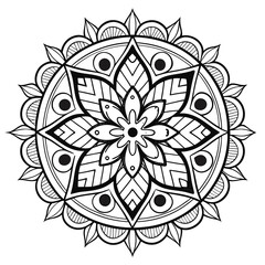 Intricate mandala design presents a beautiful circular pattern with floral and geometric shapes in black and white coloring page.