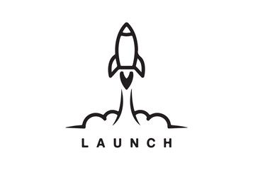 Stylized rocket launching with smoke and the word launch isolated on white background