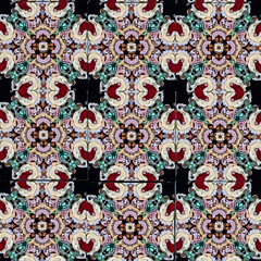 Seamless Pattern of Colorful Abstract Floral Elements on Black Background