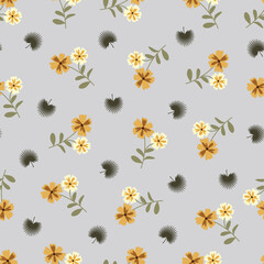 Scandinavian flowers vector seamless pattern. Floral surface design of yellow scandi flowers and fan palm leaves
