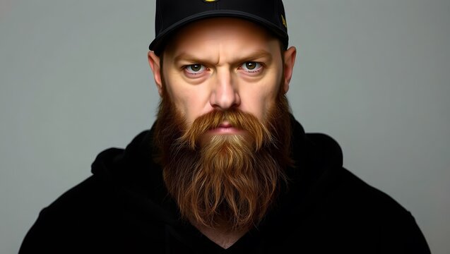 Closeup portrait of serious bearded man in black hoodie and cap on neutral studio background, copy space