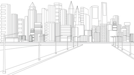 Fototapeta premium City Skyline with Road and Street Lights, Hand drawn city building illustration in line style