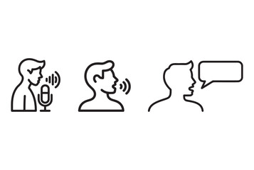 Three icons representing speaking and communication with sound waves and speech bubble isolated on white background