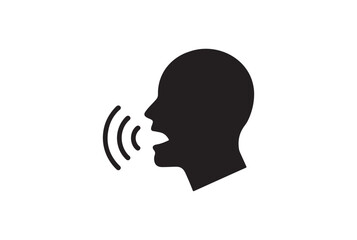 Black silhouette of a human head speaking with sound waves emanating from the mouth isolated on white background