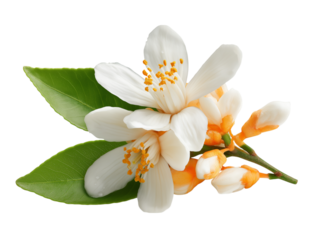 A detailed photograph of orange blossom flowers with leaves, isolated on a transparent background in PNG format.