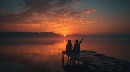 Obraz premium Two People Sitting on Wooden Pier Watching Sunset Over Lake in Misty Evening Scene