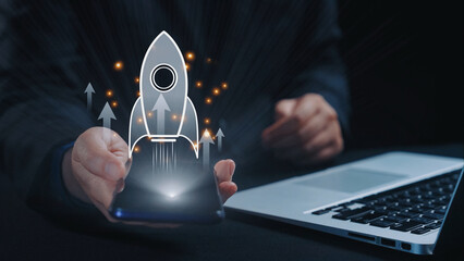 Startup launch and business growth concept, rocket symbolism, entrepreneurship, startup innovation,...