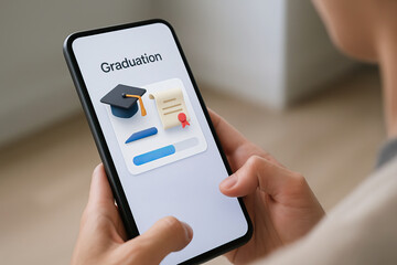 Graduation concept on smartphone screen held by person, showing academic cap and diploma icon, education achievement and success celebration in digital format