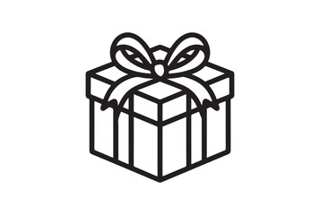 Stylized black outline of a gift box with a bow isolated on white background