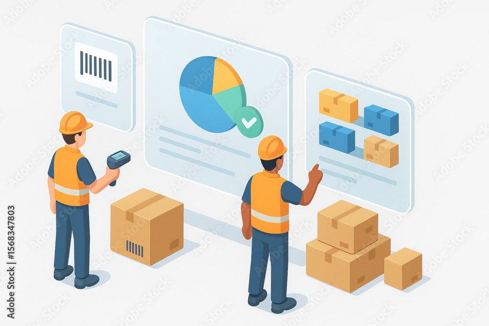 Aufkleber warehouse worker scanning barcode and managing inventory with digital interface, logistics concept w