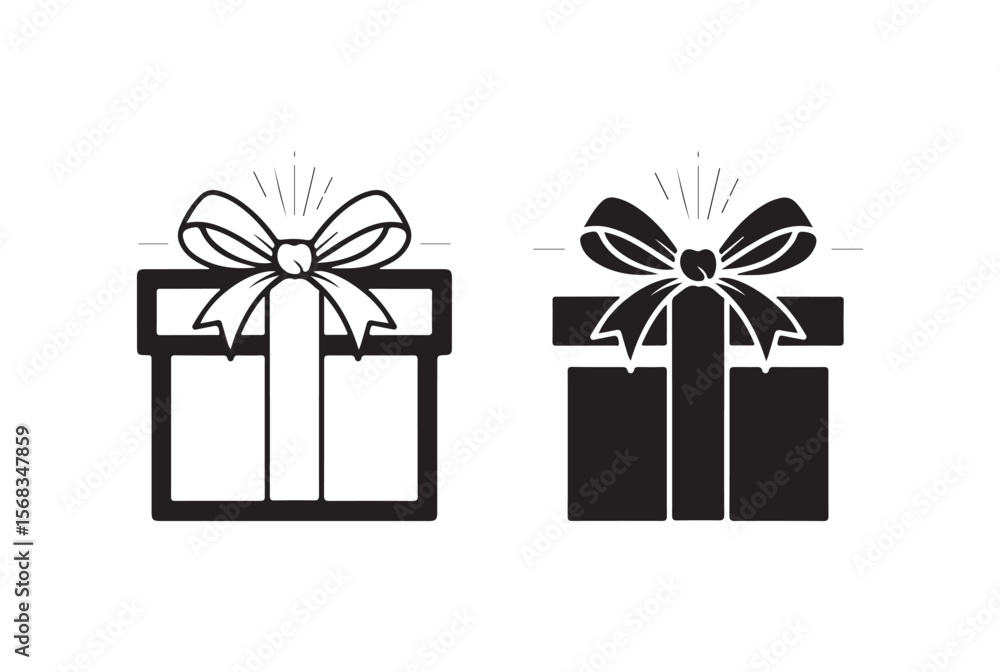 Poster two simple gift box icons with bows one outlined and one solid isolated on white background