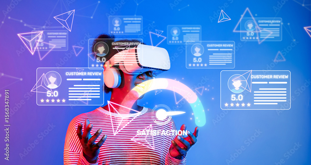 Poster a vibrant digital scene showcasing a user engaging with virtual reality technology, analyzing custom