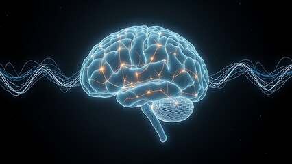 Ethereal brain with pulsating neural pathways in dark space