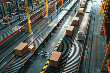 Modern automated warehouse with orange robotic arms handling packages on conveyor belt systems. Smart industrial automation, AI logistics technology, robotics for supply chain management and distribut