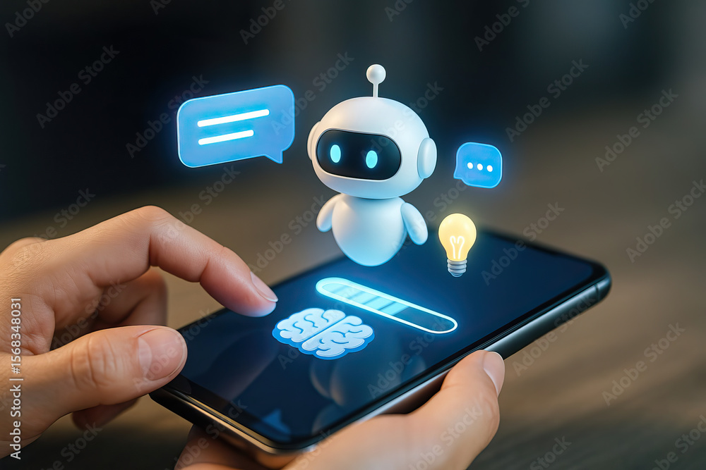 Aufkleber ai chatbot with glowing icons floating above smartphone screen, human hand interacting with digital 