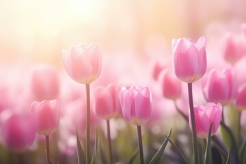 Fototapeta premium Pink tulips are blooming in a field illuminated by warm sunlight, creating a beautiful springtime scene