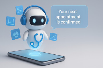 Your next appointment is confirmed message with medical robot assistant wearing headphones floating above smartphone, healthcare technology concept, digital health support