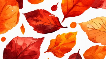 Fototapeta premium Painting of many orange leaves with a white background. The leaves are painted in different sizes and shapes, and some are overlapping. The overall mood of the painting is warm and inviting