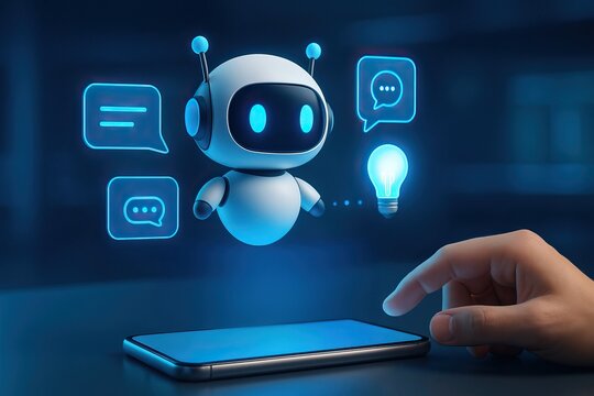 AI chatbot robot hovering above smartphone with glowing speech bubbles and light bulb icon symbolizing innovation and communication