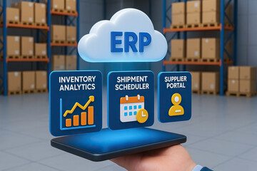 Cloud ERP system with inventory analytics, shipment scheduler, and supplier portal icons displayed over warehouse background, symbolizing efficient business management