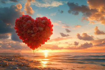 Romantic sunset over a beach with heart-shaped bouquet and empty bench by the water