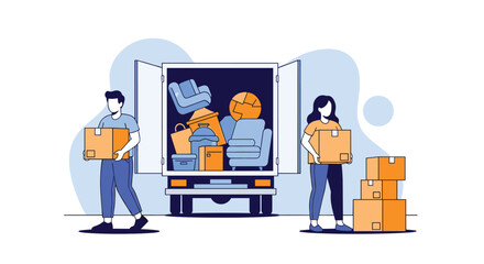 Movers Loading and Unloading Household Furniture and Boxes into a Truck for Relocation