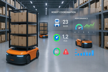 Autonomous warehouse robot carrying stacked cardboard boxes on metal rack, displaying digital interface with speed, performance, and coordination data in large storage facility