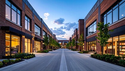 Modern Shopping Center With Brick Facades And Large Windows At Dusk