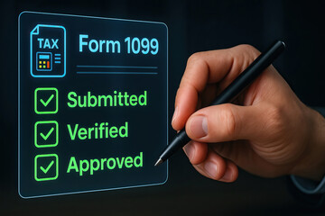 Form 1099 tax document with submitted, verified, and approved status shown on digital interface held by hand with pen, representing financial approval and tax processing