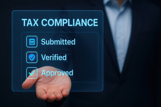 Tax compliance concept with submitted, verified, and approved status displayed on transparent digital screen held by business person in suit, symbolizing financial accuracy and trust - Powered by Adobe
