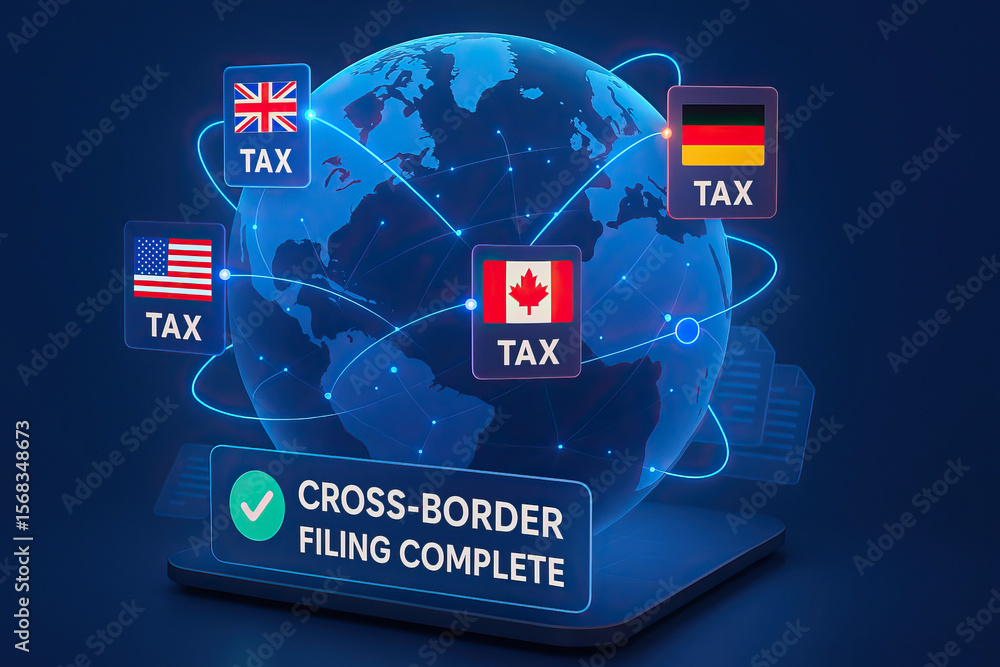 Poster cross border tax filing concept with glowing global network connections and country flags representi