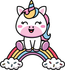 Cute cartoon unicorn vector sitting on rainbow with smiling face pink cheeks and magical horn
