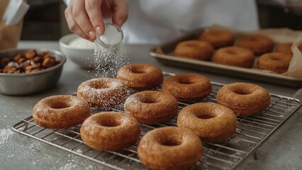 Powdered Sugar Showering Freshly Baked Donuts on a Cooling Rack, Ready to Eat