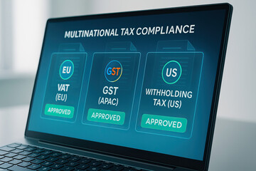 Multinational tax compliance screen showing VAT, GST, and withholding tax approvals on laptop, representing global financial regulation and business management